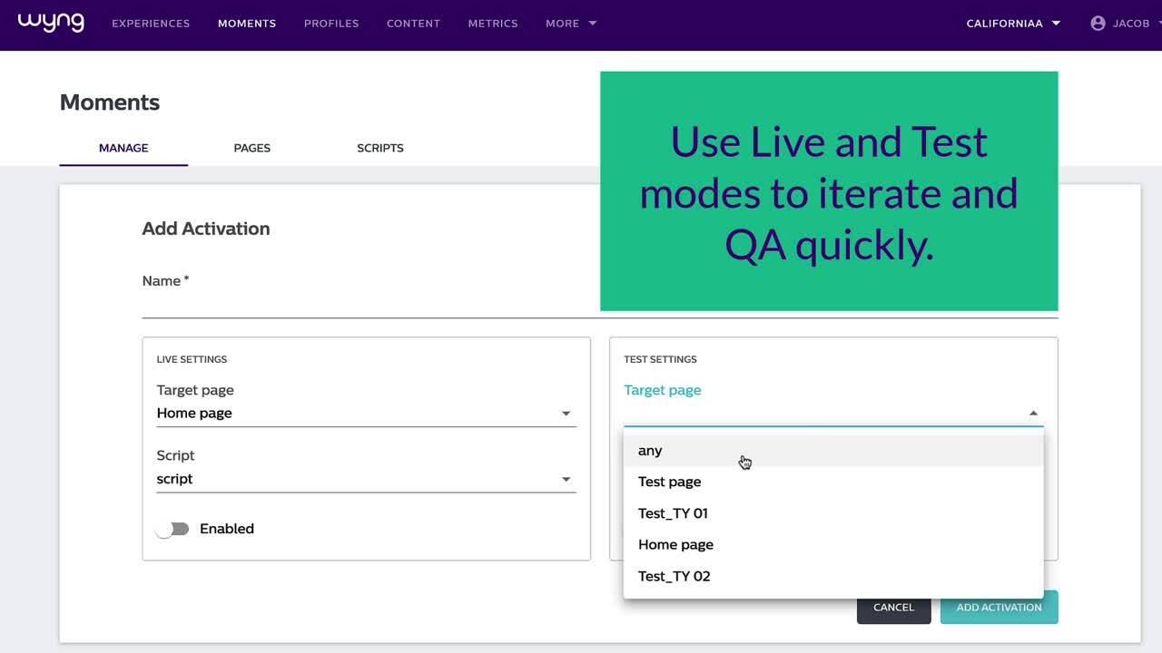 Wyng's activation setup interface for marketing campaigns with live and test options.