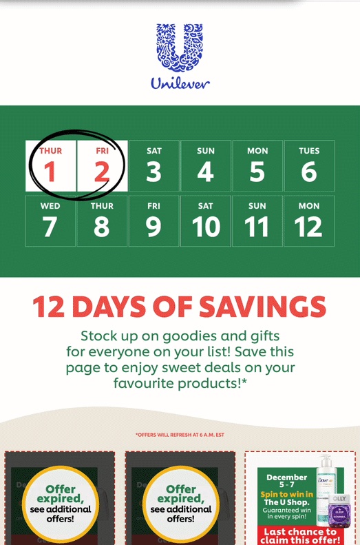 Screenshot of the Unilever 12 days of Savings experience showing a calendar and some offers