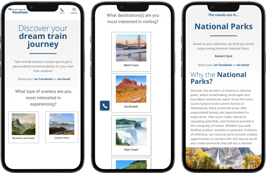 Mobile mock-ups of Amtrak Vacations Trip Finder quiz