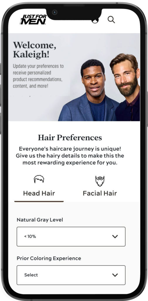 Just for Men preference center displayed on a mobile device