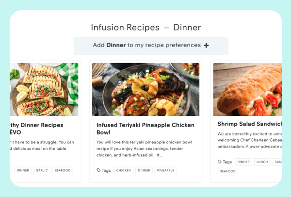 Recipe page with an option to add Dinner to a consumer's recipe preferences