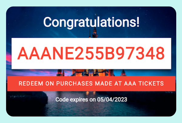 Unique alphanumeric coupon code offering a discount on purchases made at AAA tickets