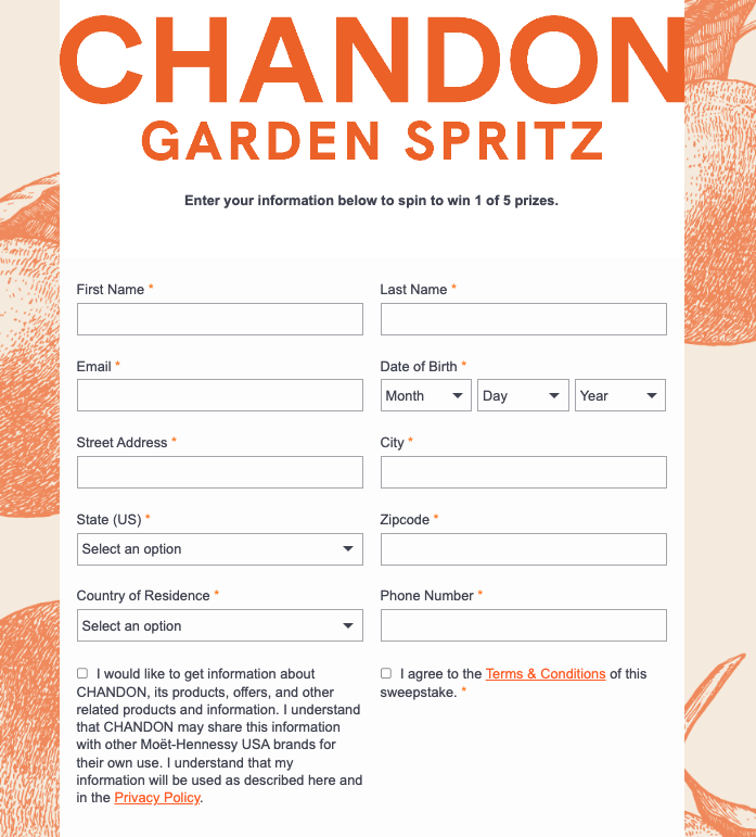 Sign up form asking for address details and opt-in for Chandon communication