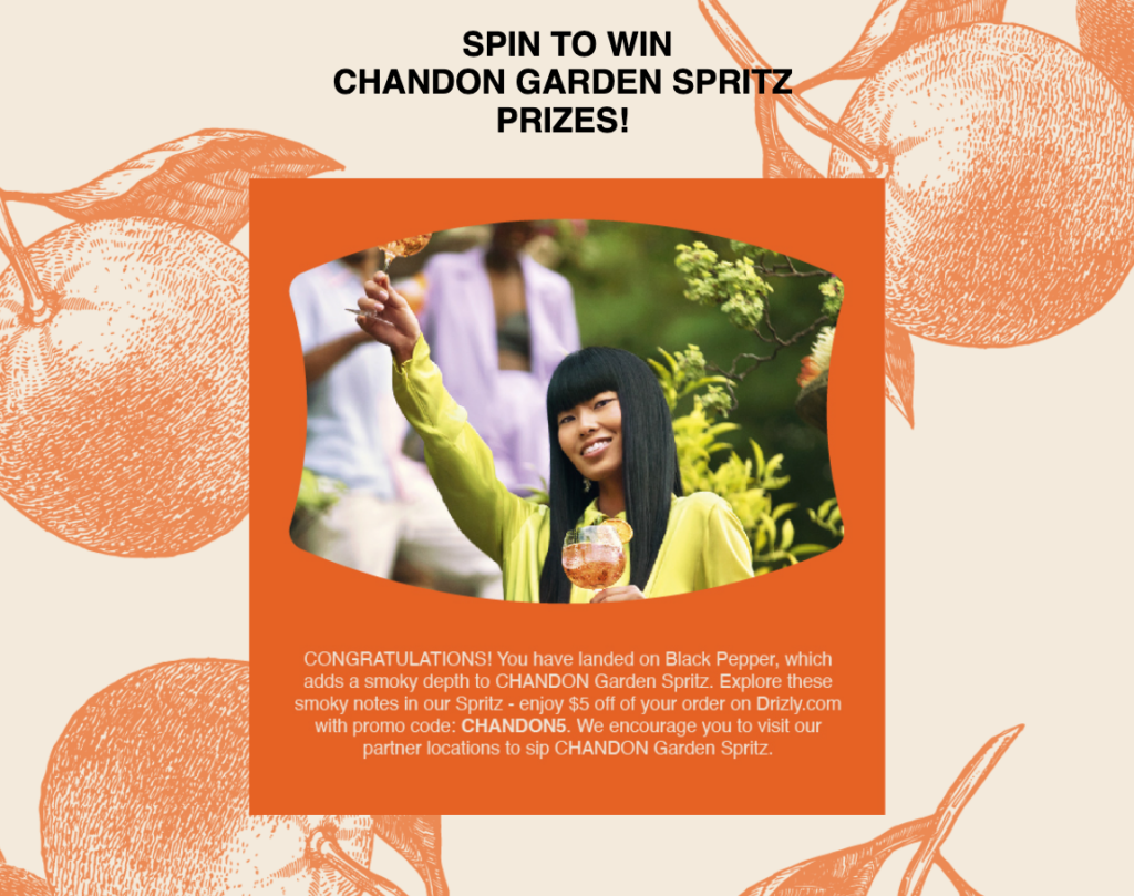 Results screen for Chandon Spin-to-Win